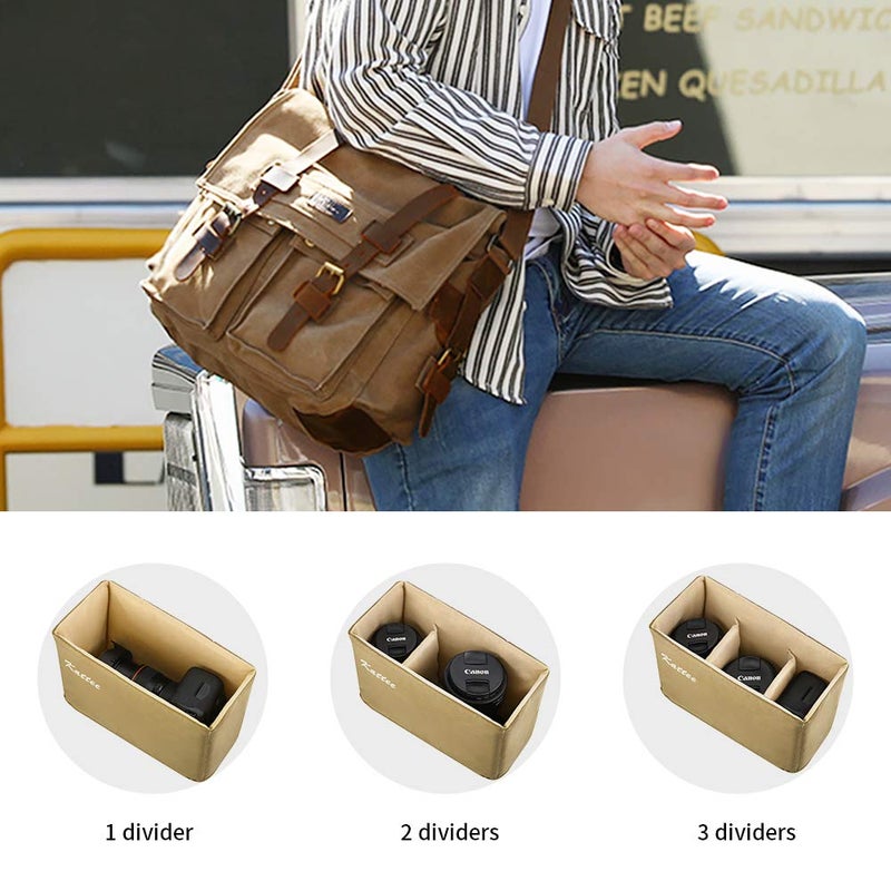 Kattee Leather Canvas Camera Bags for Men Vintage DSLR SLR Messenger Shoulder Bags Khaki - Image 5